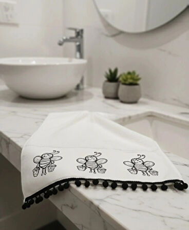 Arı Nakışlı 100% Pamuk El Yüz Havlusu 50x90