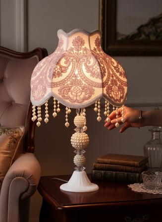 Pembe Kadife ve Fransız Güpürü Kaplı Başlık İncili Beyaz Ayaklı Klasik Model Abajur 50x25cm