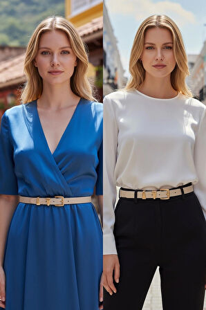 Asimetrik Gold Köprülü Ekru Kadın Kemer