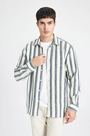 DeFacto Regular Fit Polo Yaka Pamuklu Çizgili Uzun Kollu Gömlek B4616AX24SPWT32