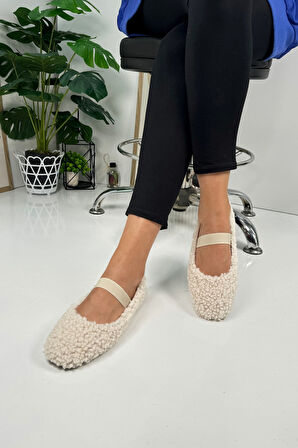 Günlük Kadın Babet Lastikli Alçak Topuklu Tırtıklı Taban Peluş Hafif Oval Burunlu Ayakkabı 345
