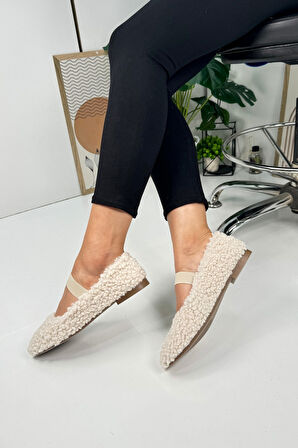 Günlük Kadın Babet Lastikli Alçak Topuklu Tırtıklı Taban Peluş Hafif Oval Burunlu Ayakkabı 345