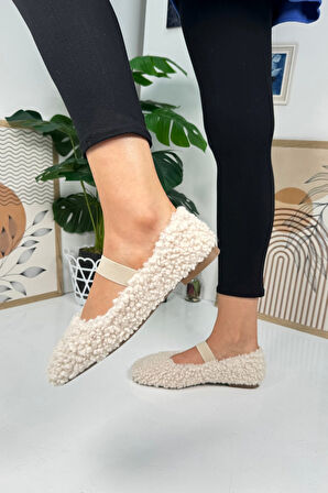 Günlük Kadın Babet Lastikli Alçak Topuklu Tırtıklı Taban Peluş Hafif Oval Burunlu Ayakkabı 345