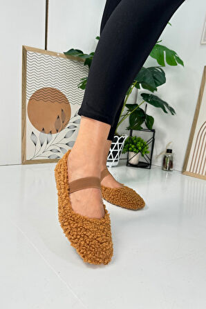 Günlük Kadın Babet Lastikli Alçak Topuklu Tırtıklı Taban Peluş Hafif Oval Burunlu Ayakkabı 345