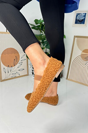 Günlük Kadın Babet Lastikli Alçak Topuklu Tırtıklı Taban Peluş Hafif Oval Burunlu Ayakkabı 345