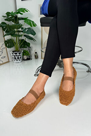 Günlük Kadın Babet Lastikli Alçak Topuklu Tırtıklı Taban Peluş Hafif Oval Burunlu Ayakkabı 345