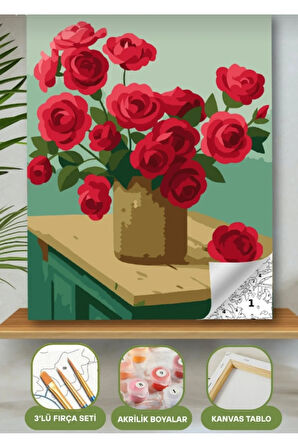 Sayılarla Boyama Seti 40x50 Cm (Çıtalı) Fırça Boya Dahil Numaralı Tuval Toprak Vazo Kırmızı Gül