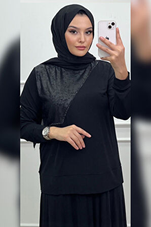 Elele Kadın Nova Kombinli Sandy Taşlı Piliseli Siyah Bluz Etek Takım