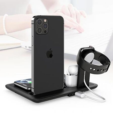 Coofbe 4in1 Masaüstü Şarj Standı 15W Kablosuz Şarj Standı İPhone Şarj İwatch AirPods Pro Şarj Stand