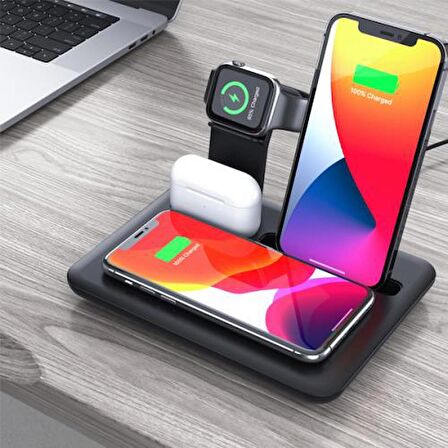 Coofbe 4in1 Masaüstü Şarj Standı 15W Kablosuz Şarj Standı İPhone Şarj İwatch AirPods Pro Şarj Stand