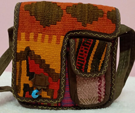 Otantik el dokuması kilim desenli askılı çanta