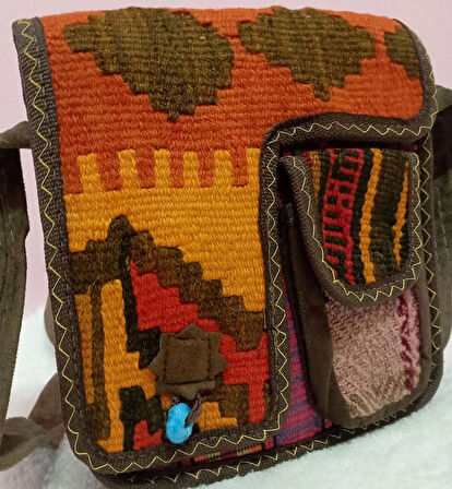 Otantik el dokuması kilim desenli askılı çanta