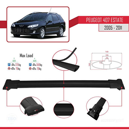 Peugeot 407 SW 2005-2011 Arası ile Uyumlu FLY Model Ara Atkı Tavan Barı Siyah 3 Adet