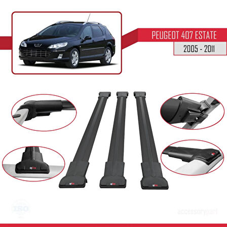 Peugeot 407 SW 2005-2011 Arası ile Uyumlu FLY Model Ara Atkı Tavan Barı Siyah 3 Adet