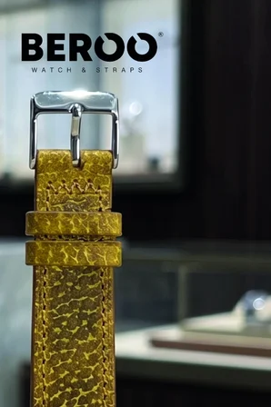 18mm Premium Hakiki Deri Sarı Benekli Saat Kordonu | Şık Desenli Klasik Saat Kayışı | Paslanmaz Çelik Tokalı