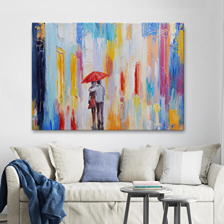 Kırmızı Şemsiyeli Sevgililer Yağlıboya Görünüm Kanvas Duvar Tablosu-3452