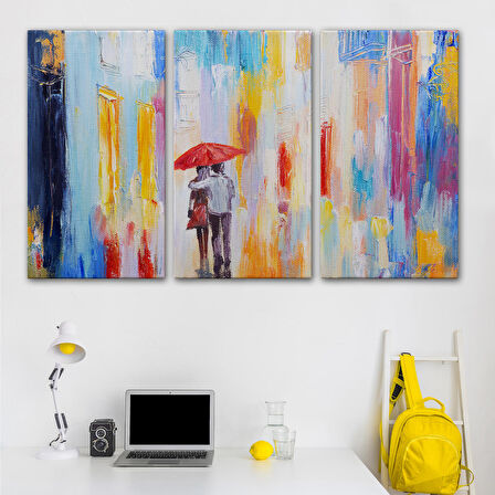 Kırmızı Şemsiyeli Sevgililer Yağlıboya Görünüm Kanvas Duvar Tablosu-3452