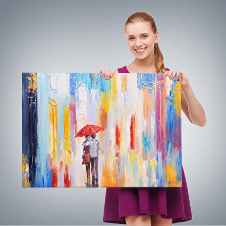 Kırmızı Şemsiyeli Sevgililer Yağlıboya Görünüm Kanvas Duvar Tablosu-3452