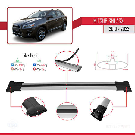 Mitsubishi ASX (GA) 2010-2022 Arası ile Uyumlu FLY Model Ara Atkı Tavan Barı Gri 2 Adet