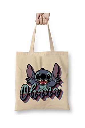 Ohana Vibes Stitch Beyaz Bez Çanta Uzun Saplı Alışveriş Çantası Plaj Çantası