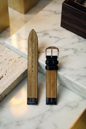 Ultra Premium Özel Seri 16mm Çift Bombeli Hakiki Deri Saat Kordonu | Lüks Klasik Saat Kayışı | Paslanmaz Çelik Tokalı - Siyah
