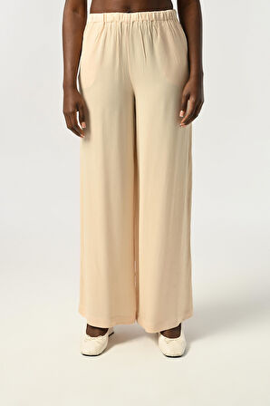 KADIN BELİ LASTİKLİ BOL PAÇA DÜZ RENK VİSKON KUMAŞ PANTOLON