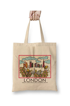 London England Londra İngiltere Beyaz Bez Çanta Uzun Saplı Alışveriş Çantası Plaj Çantası