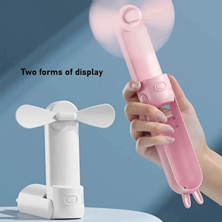 Taşınabilir Mini Fan, USB Şarj Edilebilir, Çift Kullanım Modlu, Tavşan Tasarımlı, Beyaz  Masaüstü ve El Tipi