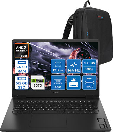 Hp Omen 17-DB1003NT Amd Ryzen Aı 9 365 24GB Ddr5 512GB SSD RTX5070 8gb Gddr7 17.3 Inç Fullhd (1920 x 1080) 144Hz 7ms 300NITS IPS Freedos Taşınabilir Bilgisayar C67G1EAF07 + Zetta Çanta