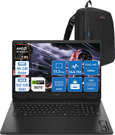Hp Omen 17-DB1003NT Amd Ryzen Aı 9 365 96GB Ddr5 512GB SSD RTX5070 8gb Gddr7 17.3 Inç Fullhd (1920 x 1080) 144Hz 7ms 300NITS IPS Freedos Taşınabilir Bilgisayar C67G1EAF43 + Zetta Çanta
