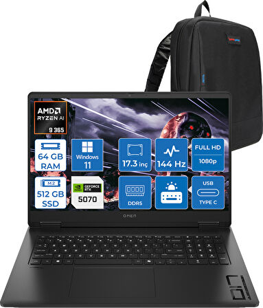 Hp Omen 17-DB1003NT Amd Ryzen Aı 9 365 64GB Ddr5 512GB SSD RTX5070 8gb Gddr7 17.3 Inç Fullhd (1920 x 1080) 144Hz 7ms 300NITS IPS Windows 11 Home Taşınabilir Bilgisayar C67G1EAH31 + Zetta Çanta