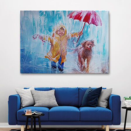 Yağmurda Köpeğini Gezdiren Çocuk Yağlıboya Görünümlü Kanvas Tablo-3454