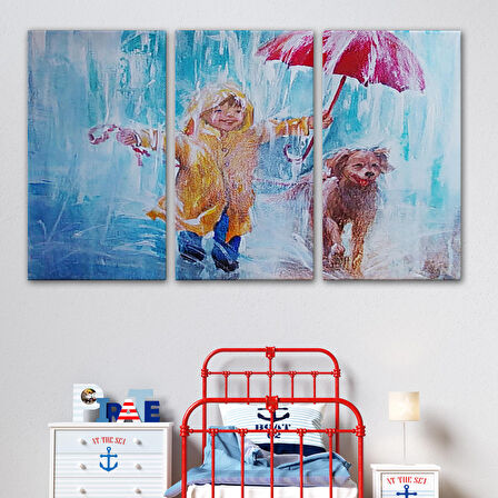 Yağmurda Köpeğini Gezdiren Çocuk Yağlıboya Görünümlü Kanvas Tablo-3454