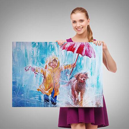 Yağmurda Köpeğini Gezdiren Çocuk Yağlıboya Görünümlü Kanvas Tablo-3454