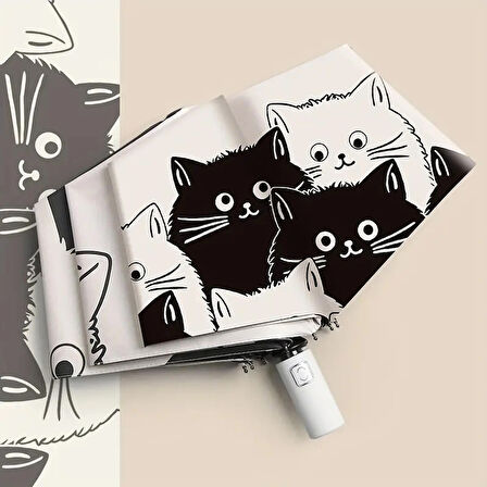 Hello Cat Desenli Katlanabilir Şemsiye, Siyah Beyaz Kedi Baskılı, 100 cm x 57 cm, Otomatik Açılır Kapanır