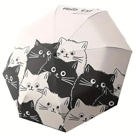 Hello Cat Desenli Katlanabilir Şemsiye, Siyah Beyaz Kedi Baskılı, 100 cm x 57 cm, Otomatik Açılır Kapanır
