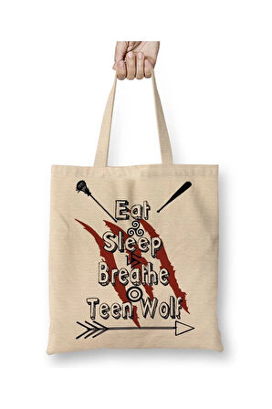 Teen Wolf Eat Sleep Breathe Beyaz Bez Çanta Uzun Saplı Alışveriş Çantası Plaj Çantası