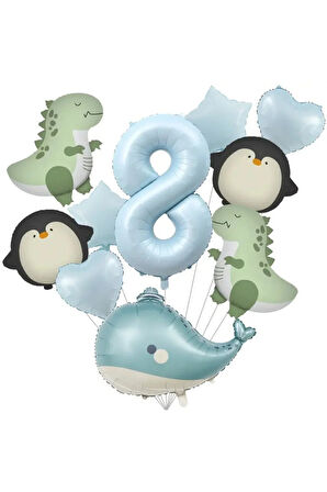 10 Adet Penguen Dinozor Yunus Sualtı Hayvan Temalı - Sevimli Hayvan Temalı Doğum yaş balon set
