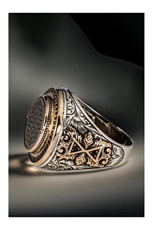 Erkek Kalkan Desen İşlemeli Yanı Kum Saati Motifli 925 Ayar Gümüş Yüzük