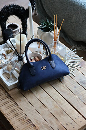 lacivert süet çift fermuar detaylı el omuz çantası