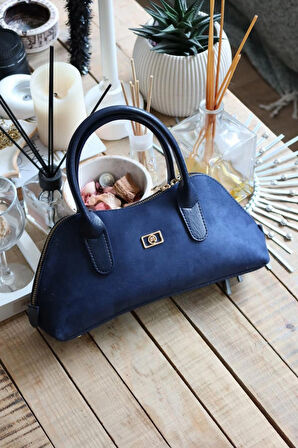 lacivert süet çift fermuar detaylı el omuz çantası
