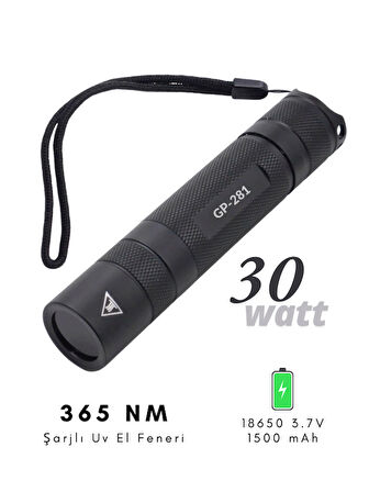 GP-281 Şarjlı Mor Uv Işık El Feneri 365 Nm | Doğal Taş, Leke, Oje Kurutma Ultraviyole Fener 30 Watt