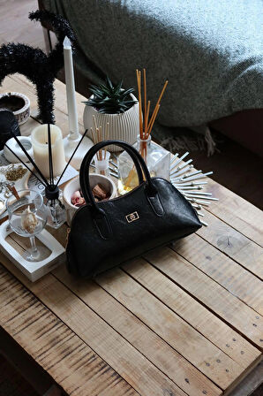 siyah parlak çift fermuar detaylı el omuz çantası