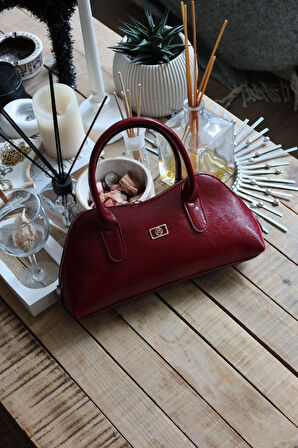 bordo parlak çift fermuar detaylı el omuz çantası