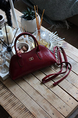 bordo parlak çift fermuar detaylı el omuz çantası