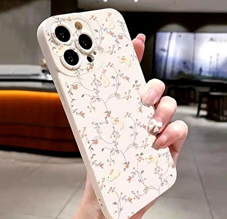 Tavşan ve Çiçek Baskılı iPhone 13 Telefon Kılıfı