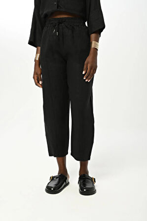 KADIN BELİ LASTİKLİ RAHAT KALIP DÜZ RENK KETEN PANTOLON