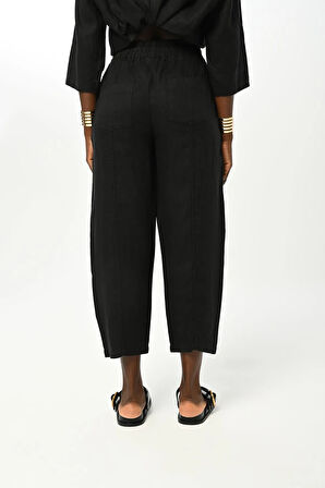 KADIN BELİ LASTİKLİ RAHAT KALIP DÜZ RENK KETEN PANTOLON