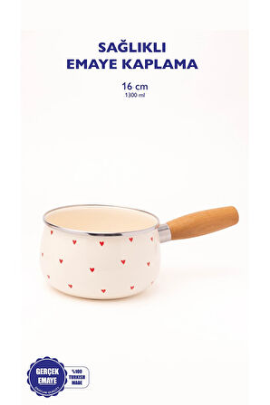 Cupid Ahşap Saplı Kalp Desenli Emaye Sos Tavası 16cm 1,3 Litre (İNDÜKSİYON DAHİL TÜM OCAKLARA UYGUN)