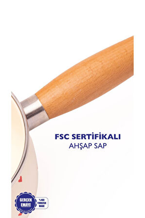 Cupid Ahşap Saplı Kalp Desenli Emaye Sos Tavası 16cm 1,3 Litre (İNDÜKSİYON DAHİL TÜM OCAKLARA UYGUN)